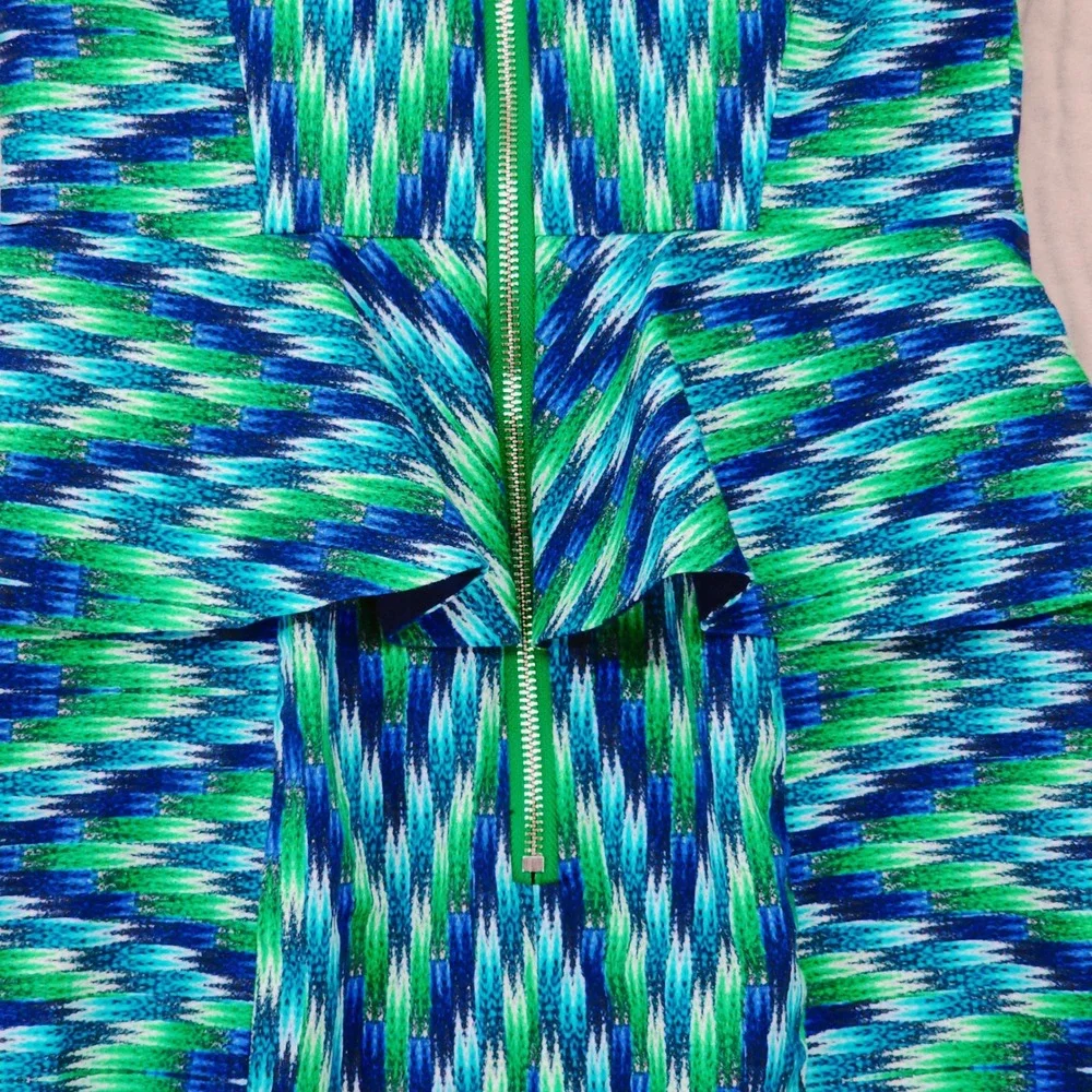Milly Sheath Dress 2 Blue Green Abstract Peplum Geometric Sleeveless Mini Y3K